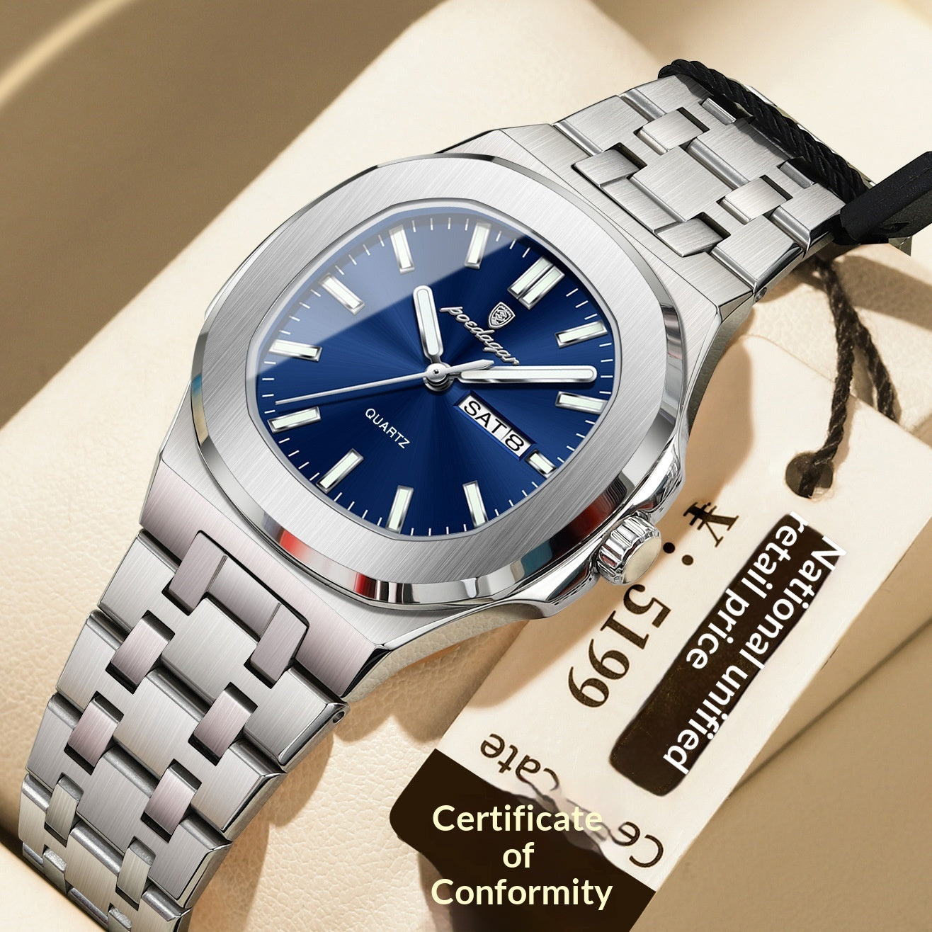 Reloj ultrafino con características impermeables y luminosas.