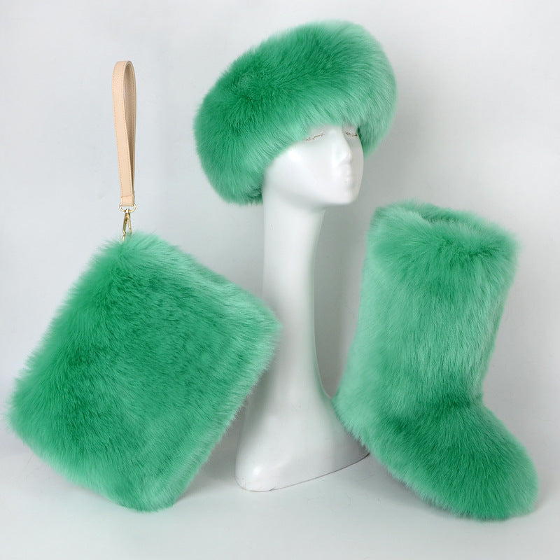 Botas de piel de terciopelo acolchadas de talla grande con imitación de piel de zorro, botas de nieve para mujer, conjunto de tres piezas
