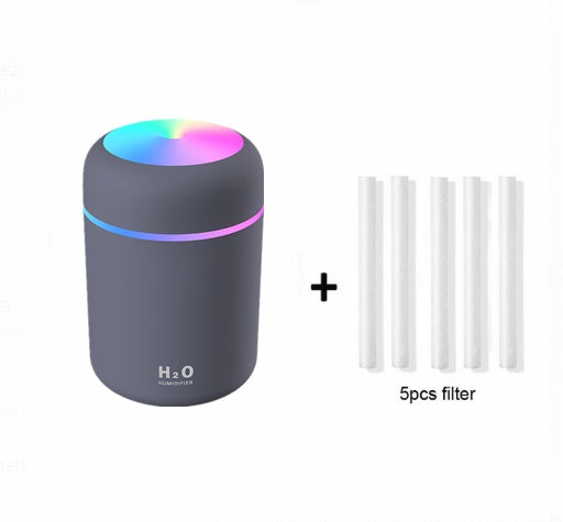 Humidificador de aire colorido con carga USB para coche y reposición de agua