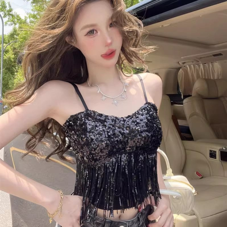 Sexy Tassel Patchwork Sequin Tube Top Women