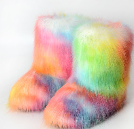 Botas de nieve de invierno con imitación de piel de mapache integrada para mujer, zapatos mullidos, botas de media caña para exteriores