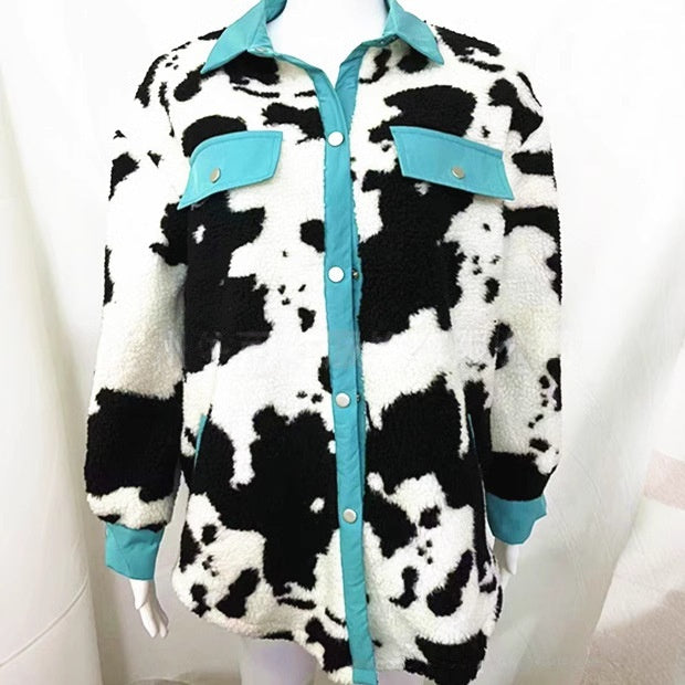 Camisa de solapa euroamericana de otoño-invierno, abrigo cálido, holgado, con patchwork de colores contrastantes y manga larga