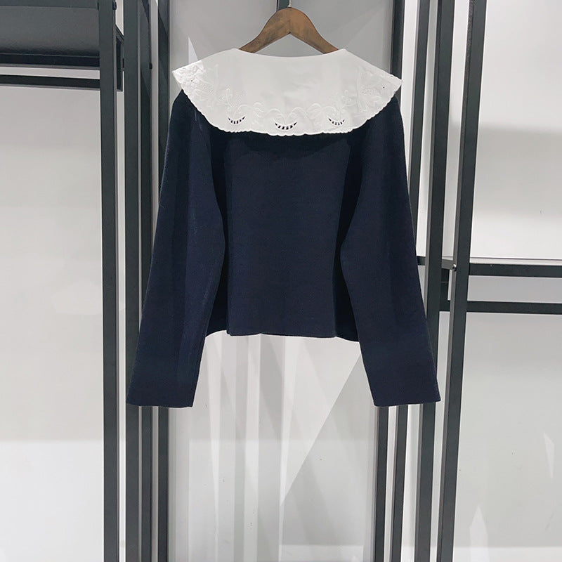 Abrigo de punto con encaje calado y bordado de moda para mujer