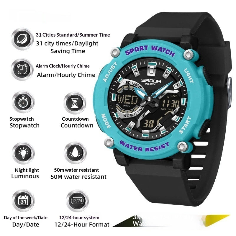 Reloj cronógrafo luminoso de doble pantalla para estudiantes, ideal para senderismo.