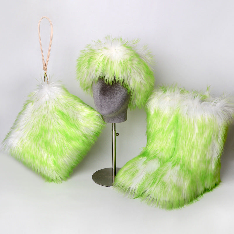 Botas de piel de terciopelo acolchadas de talla grande con imitación de piel de zorro, botas de nieve para mujer, conjunto de tres piezas