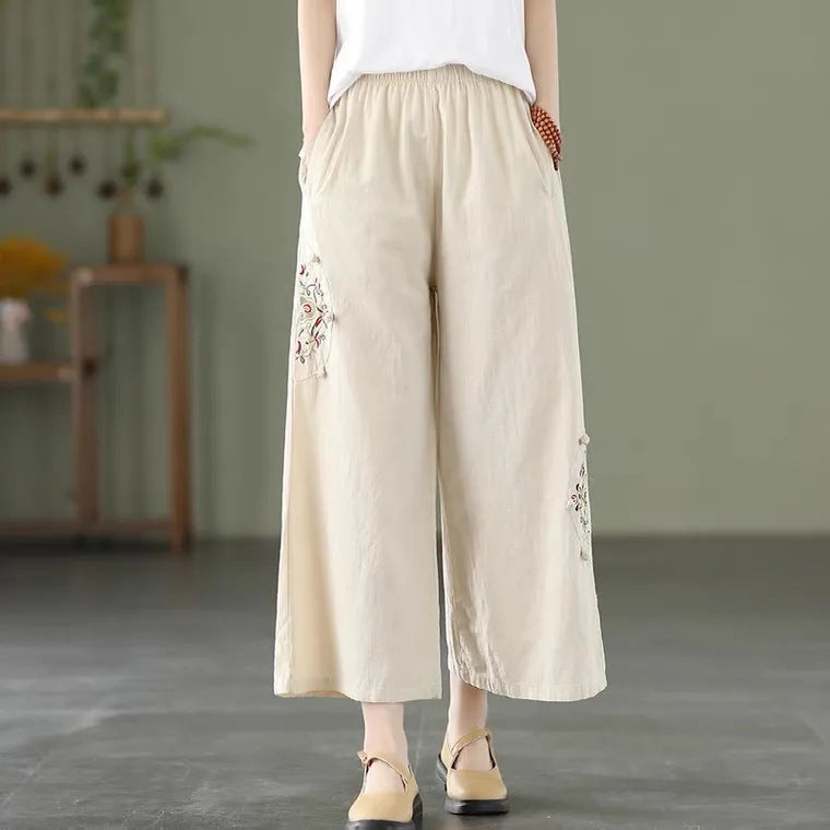 Cotton-linen Solid-color Elastic-waist Loose-fitting Multi-color Straight-leg Wide-leg Pants