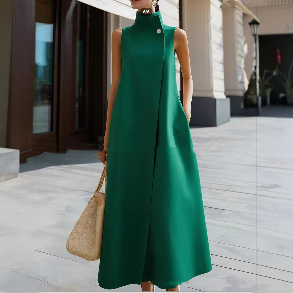 Solid-color Stand-up Collar Sleeveless Loose Cotton Dress