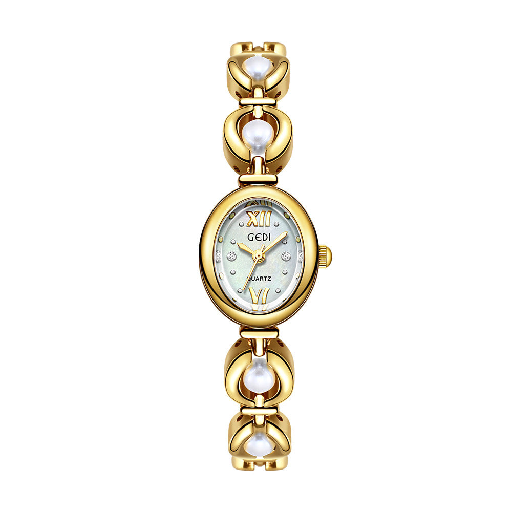 Reloj de pulsera Gedi de estilo nacional con esmeralda, atractivo, de nicho, de alta calidad, ligero, de lujo, con perlas de concha, exquisito reloj de cuarzo para mujer.