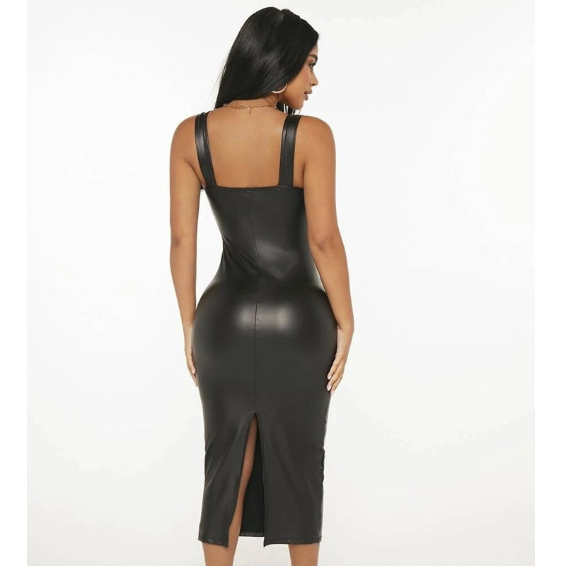 Vestido midi de PU con escote cuadrado, cintura ceñida y abertura lateral para mujer
