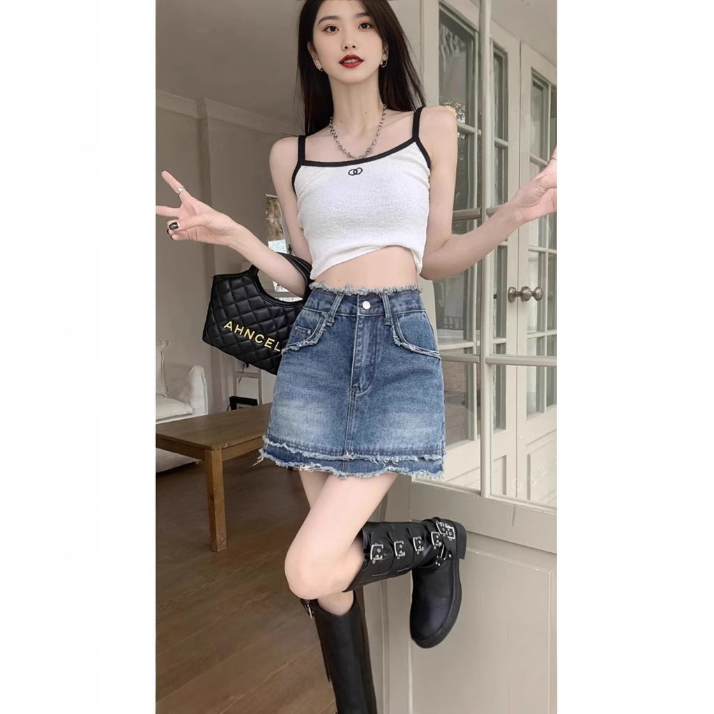 Retro Raw-Edge Denim A-Line Skirt