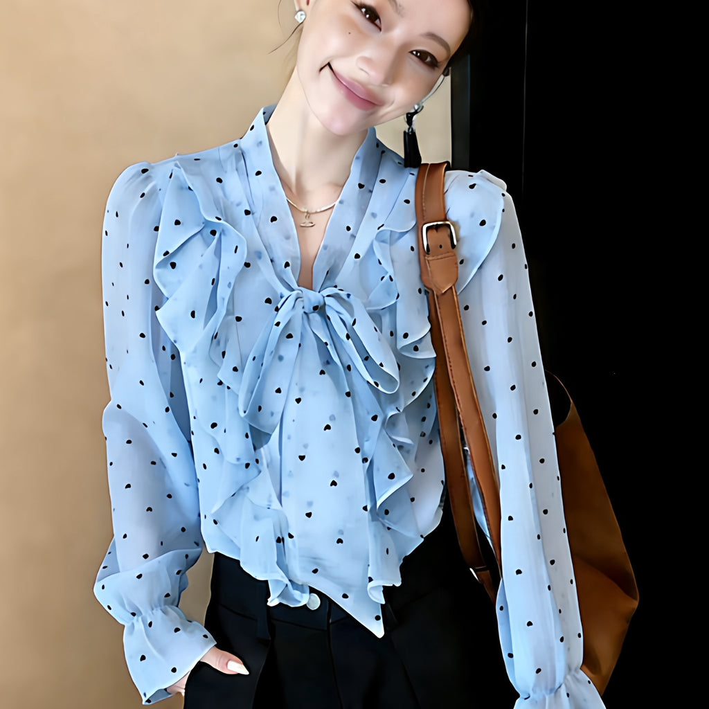 Elegant Polka-Dot Ruffle-Bow Chiffon Shirt