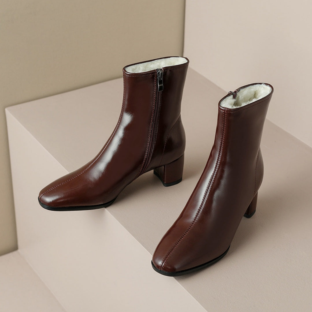 Botas cortas para mujer, tacón medio grueso, botas de nieve de piel gruesa, botas de algodón