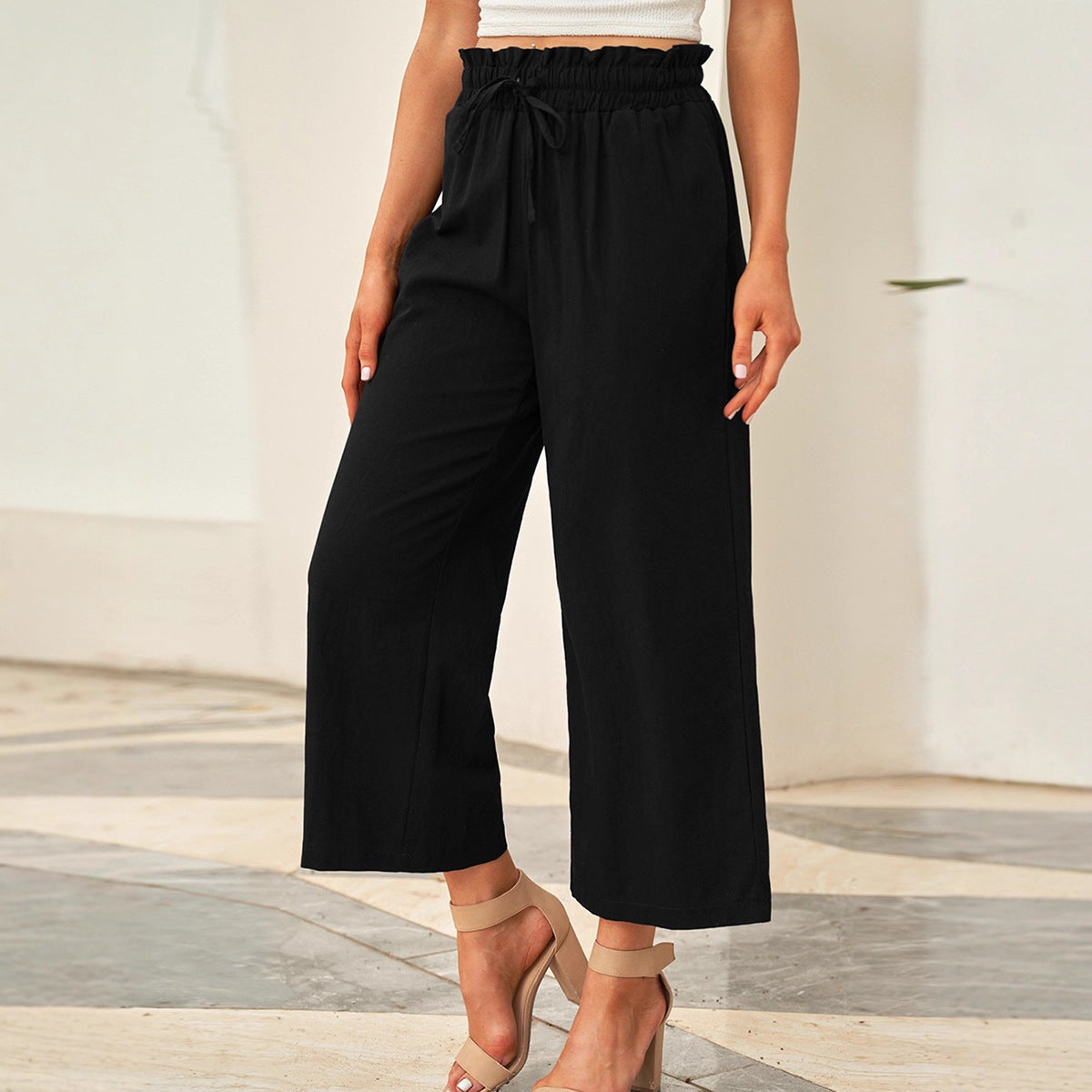 Pantalones casuales con cintura elástica y cordón para mujer, pantalones anchos