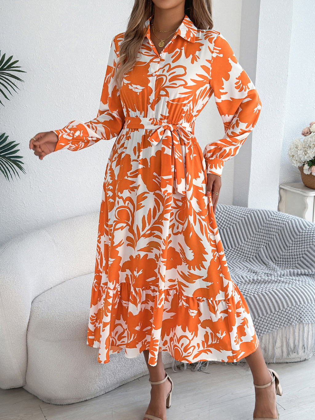 Women's Casual Floral Print Long Sleeve Ruffle Hem Shirt Maxi Dress