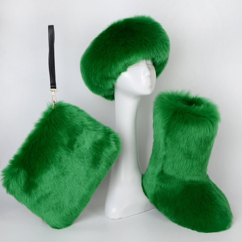 Botas de piel de terciopelo acolchadas de talla grande con imitación de piel de zorro, botas de nieve para mujer, conjunto de tres piezas