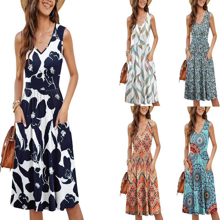 Vestido informal de mujer con cuello en V y bolsillos florales para vacaciones