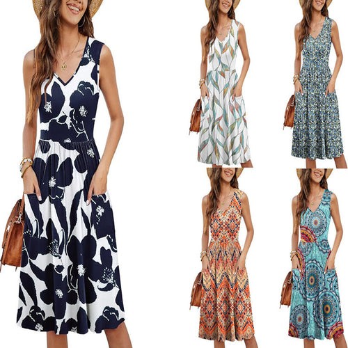 Casual Womens Holiday Floral V-Neck Pocket Dress