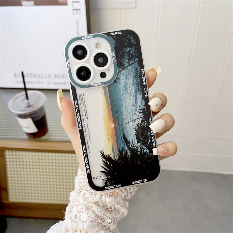 Nueva funda morada oscura para Apple 14 con paisaje de montaña