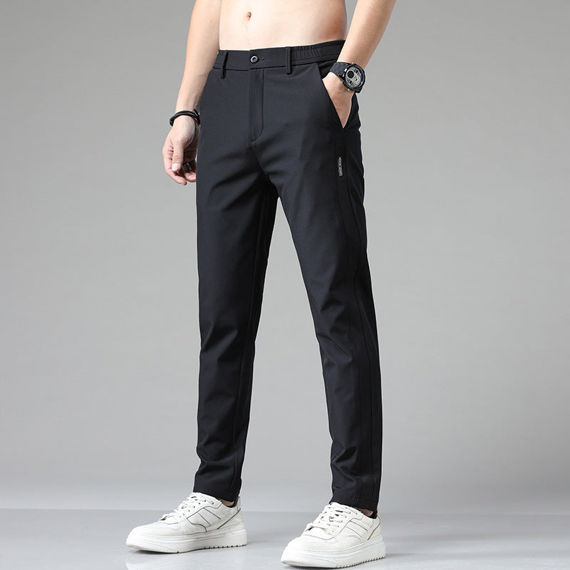 Pantalones casuales de seda de hielo para hombre, con cintura elástica y forro polar, para otoño