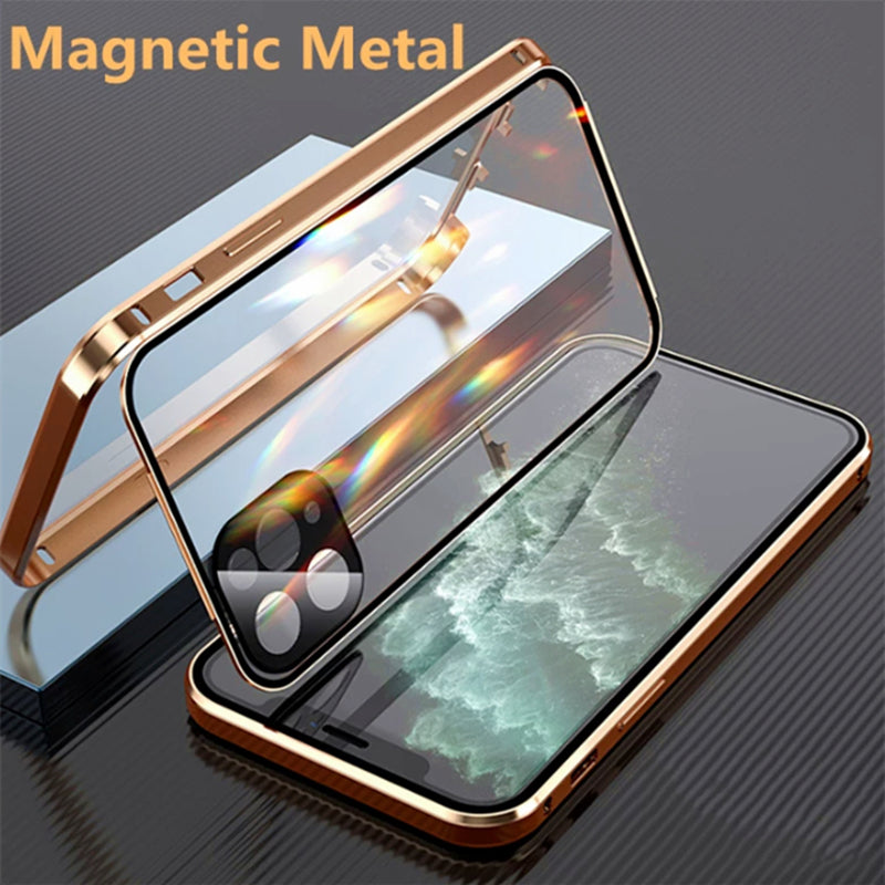 Compatible con Apple, carcasa de teléfono móvil con marco de metal y hebilla de vidrio de doble cara.