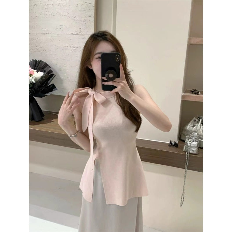 Sweet Lace-up Bow-Knot Slit Cami Shirt