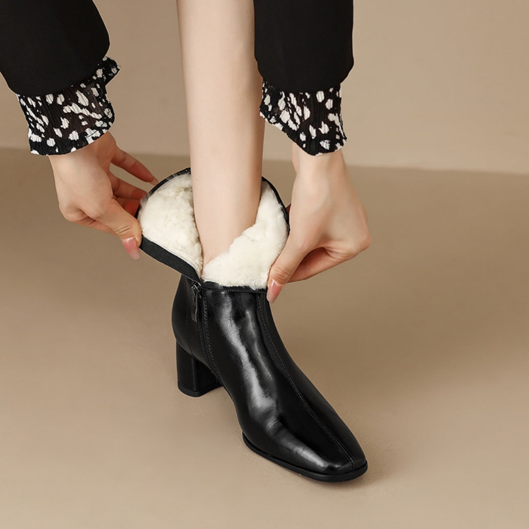 Botas cortas para mujer, tacón medio grueso, botas de nieve de piel gruesa, botas de algodón