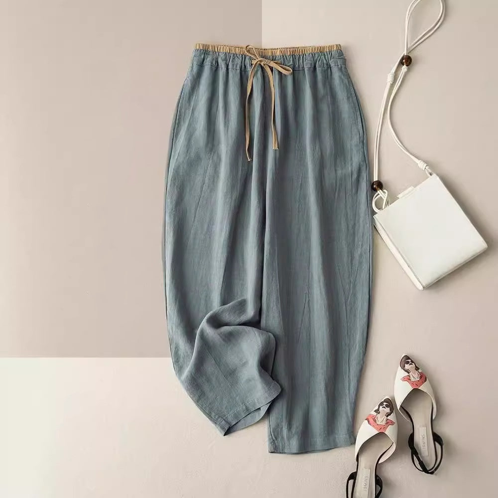 Pantalones casuales de pierna ancha de algodón y lino sencillos de estilo coreano retro para mujer