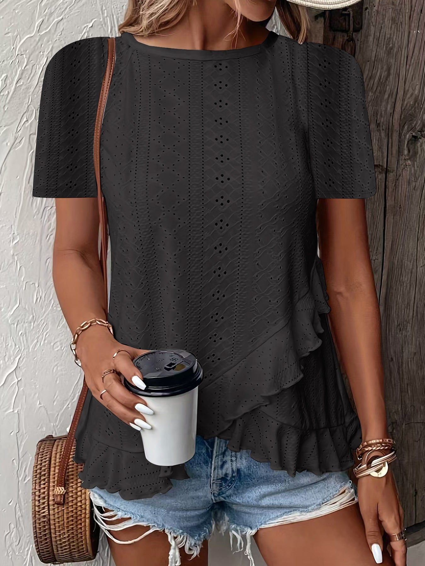 Womens Fashion Casual Solid-color Short-sleeve Crew Neck
