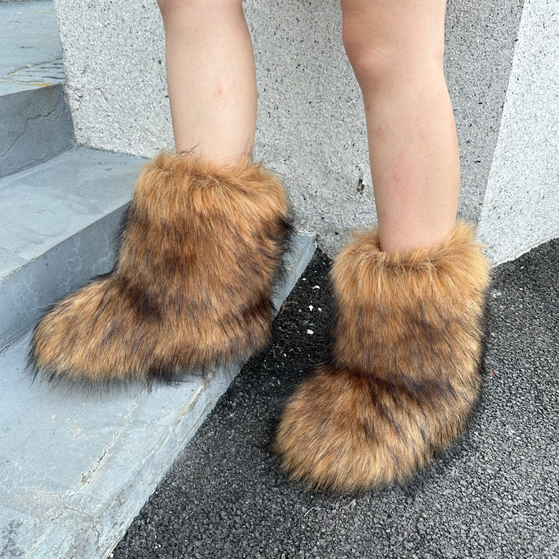 Botas de nieve de felpa de piel de mapache