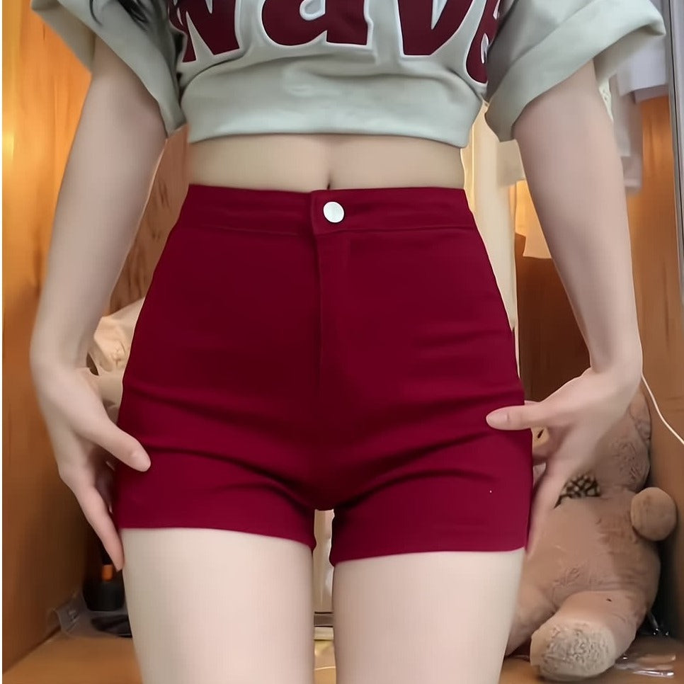 Shorts vaqueros ajustados de cintura alta rojos estilo americano para mujer