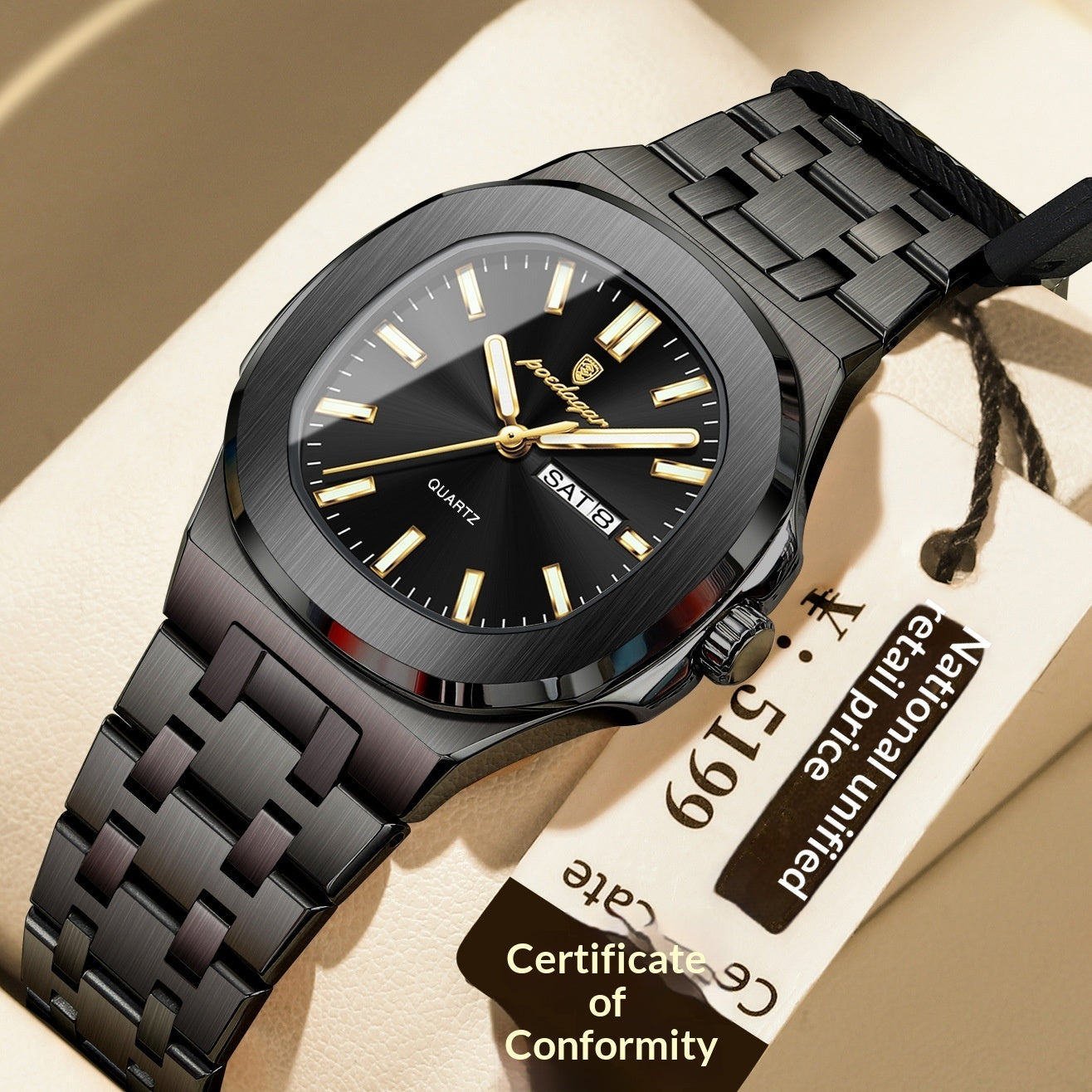 Reloj ultrafino con características impermeables y luminosas.