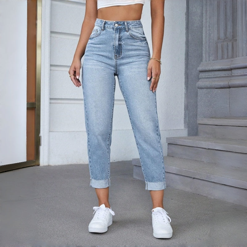 Women's Light Blue Casual Rolled Cuff Ankle-Length Stretch Skinny Jeans For Spring & Summer