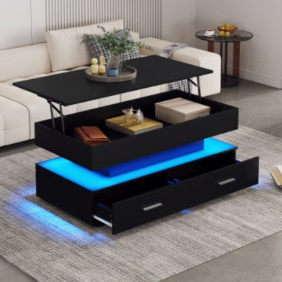 Mesa de centro con elevación hidráulica, mesas de centro LED con almacenamiento para sala de estar, mesa de centro con 2 cajones y luz LED para comedor y sala de recepción, color negro