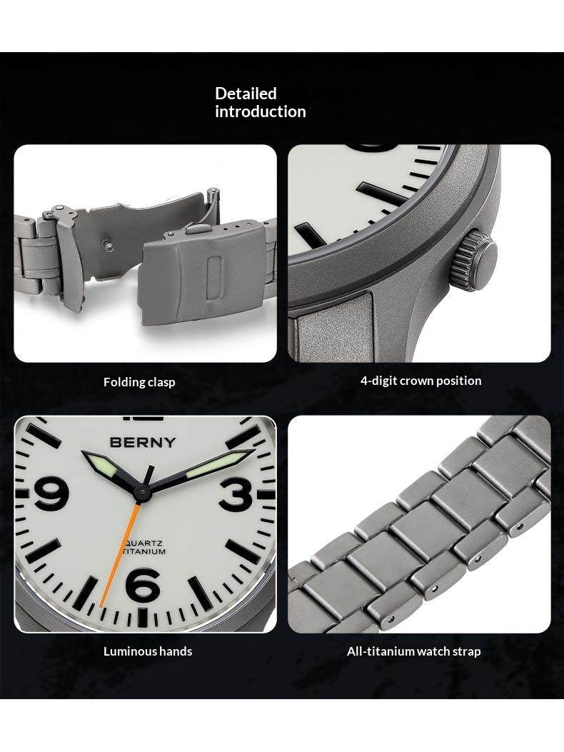 Reloj Bernie de cuarzo de aleación de titanio para hombre, resistente al agua y muy luminoso.