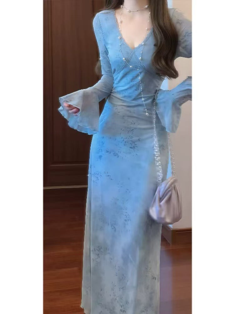 French-style Gentle Elegant Blue Tie-Dye V-neck Dress For Women