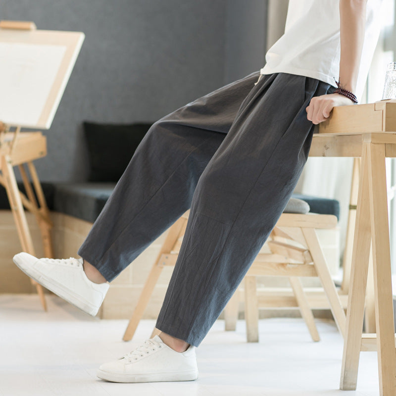 Pantalones casuales de corte recto y holgados de algodón y lino para hombre