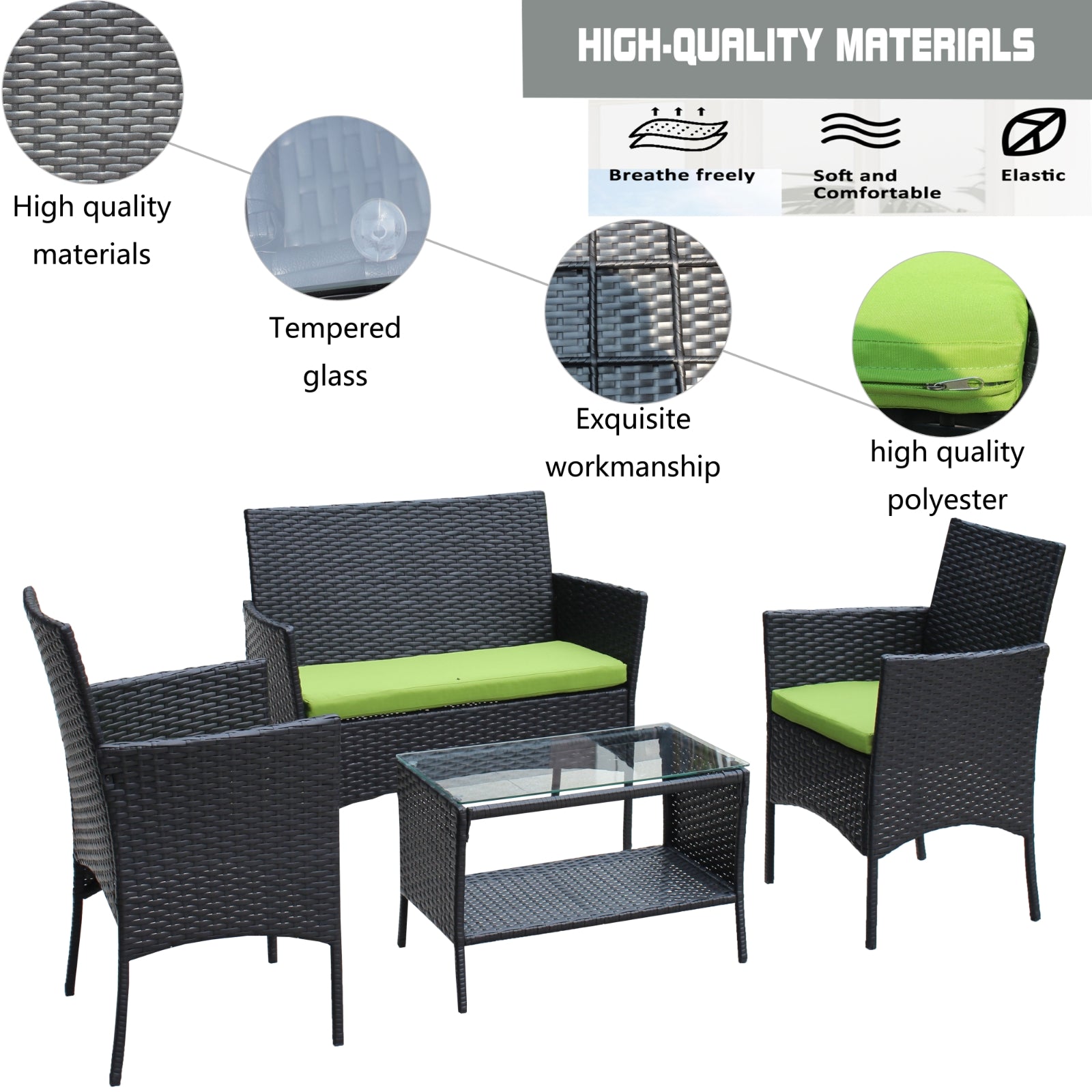 Juego de 4 muebles de ratán para patio, sofá de mimbre para exterior con cojines verdes