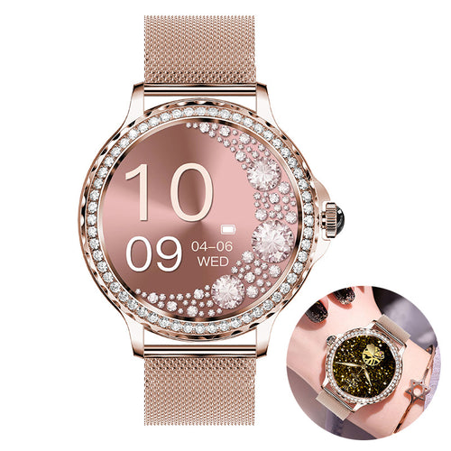 Pulsera inteligente de fitness con llamadas Bluetooth, resistente al agua y detalles de diamantes.
