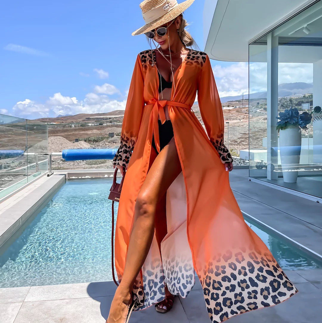 Vestido playero de gasa con cordones y estampado para mujer, ideal para playa y vacaciones.