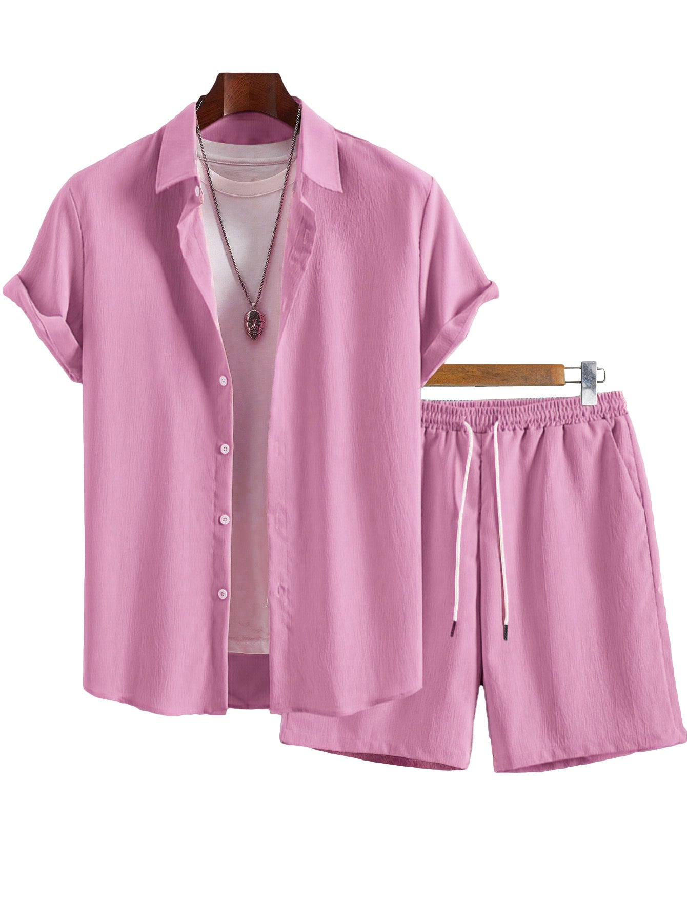 Men's Solid Color Lapel Short-Sleeve Shirt And Shorts Set