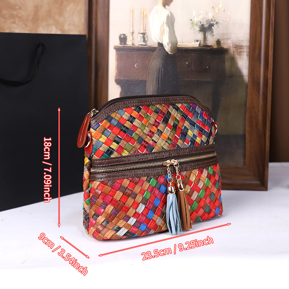 Bolso de hombro para mujer de piel de primera capa de color con diseño tejido