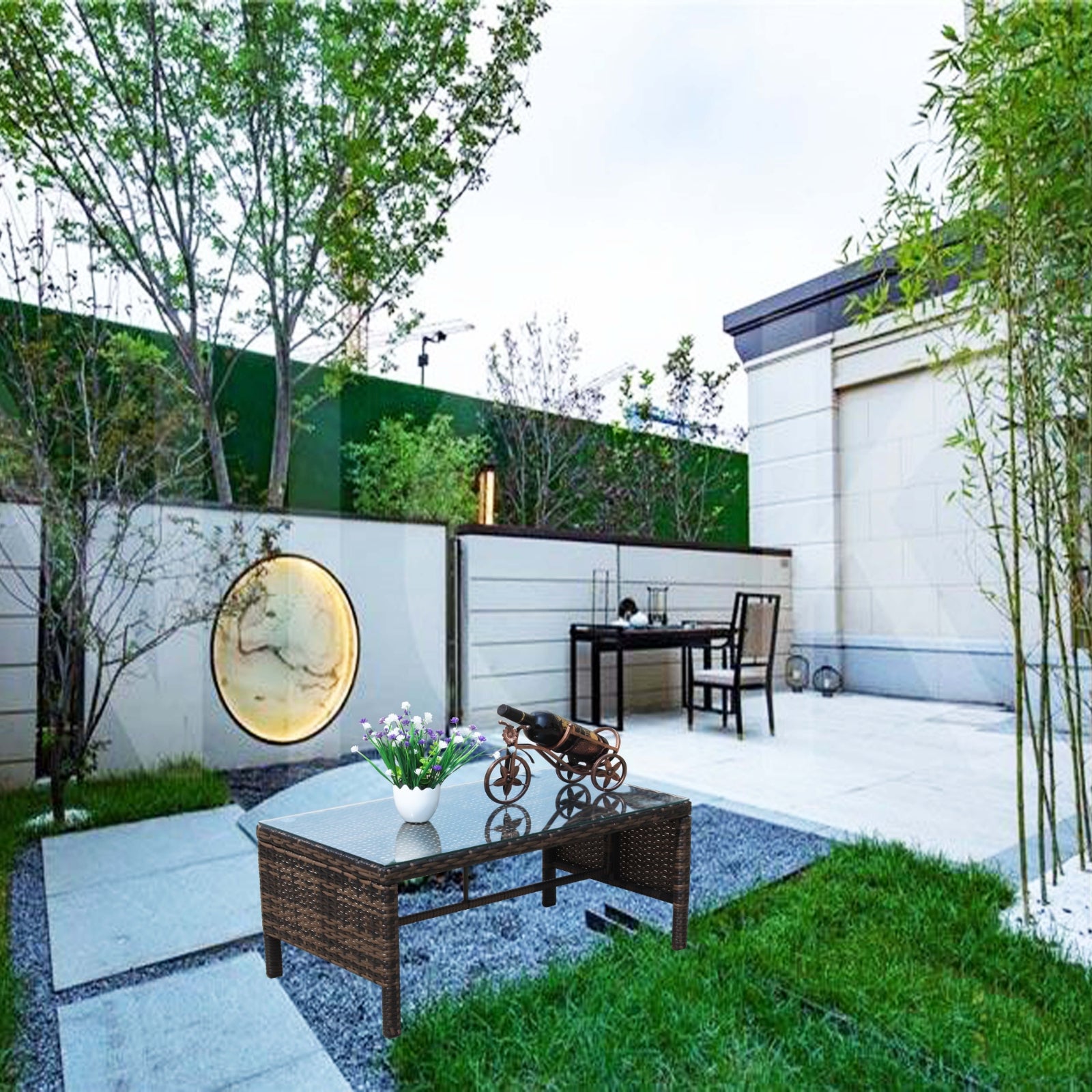 Muebles de exterior para patio, 1 mesa de centro con vidrio templado transparente