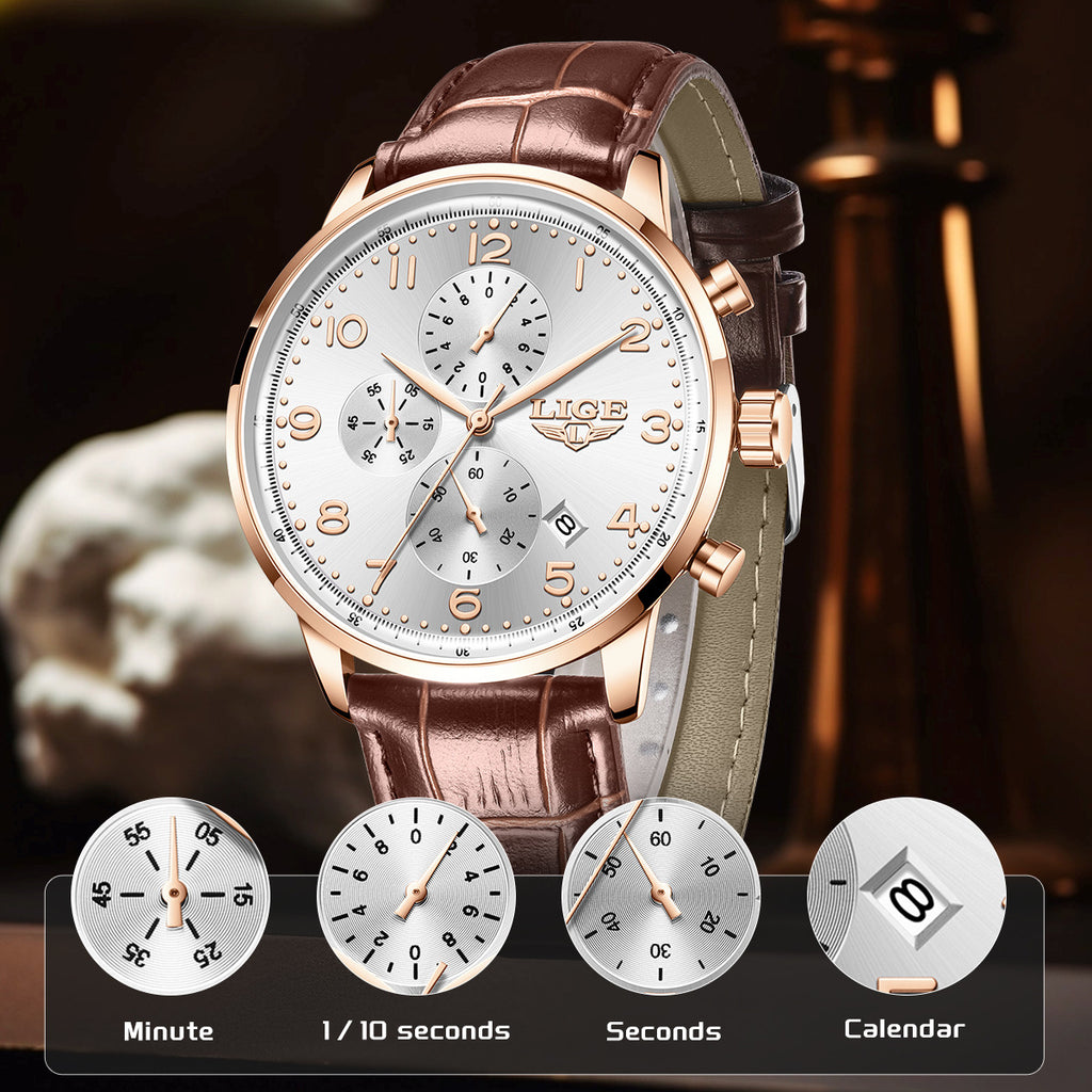 Reloj mecánico de negocios para hombre, multifuncional, con calendario y correa de cuero, resistente al agua