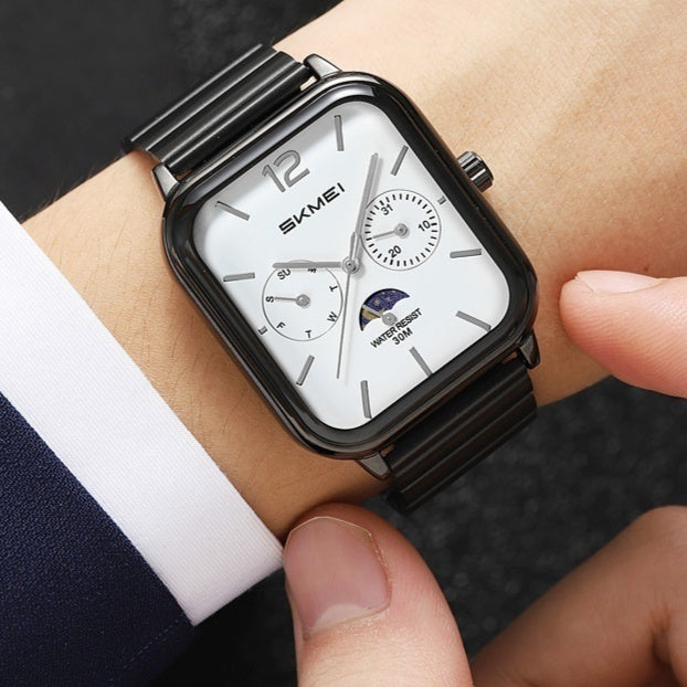 Elegante reloj cuadrado multifuncional con indicador de fase lunar de seis manecillas, diseñado para negocios y resistente al agua.