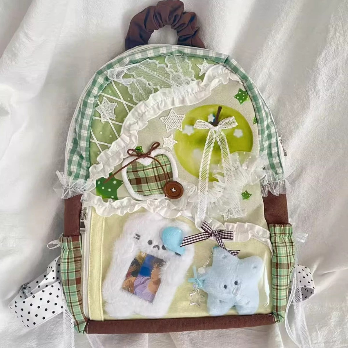 Mochila de lona a cuadros de gran capacidad con patchwork de colores en contraste