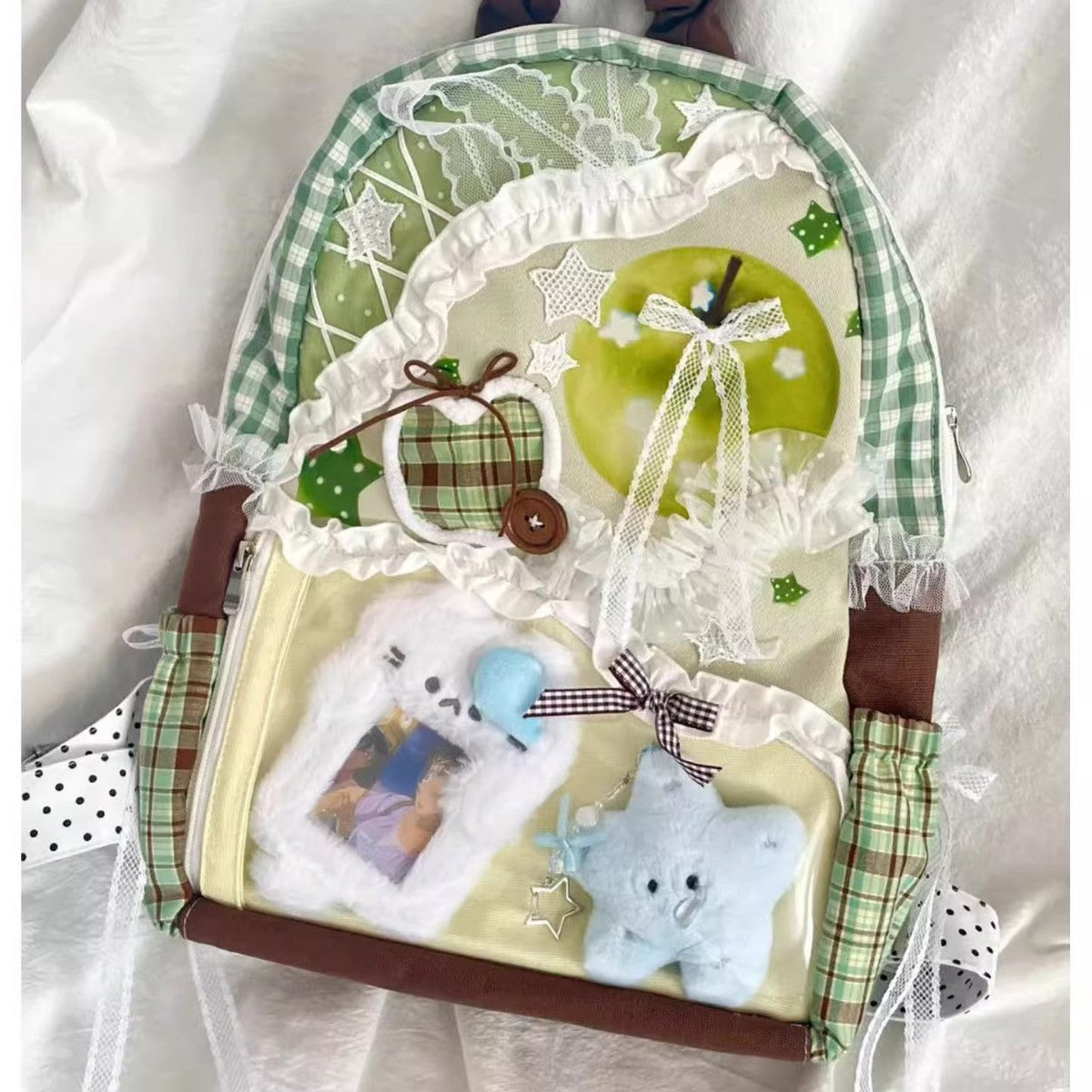 Mochila de lona a cuadros de gran capacidad con patchwork de colores en contraste