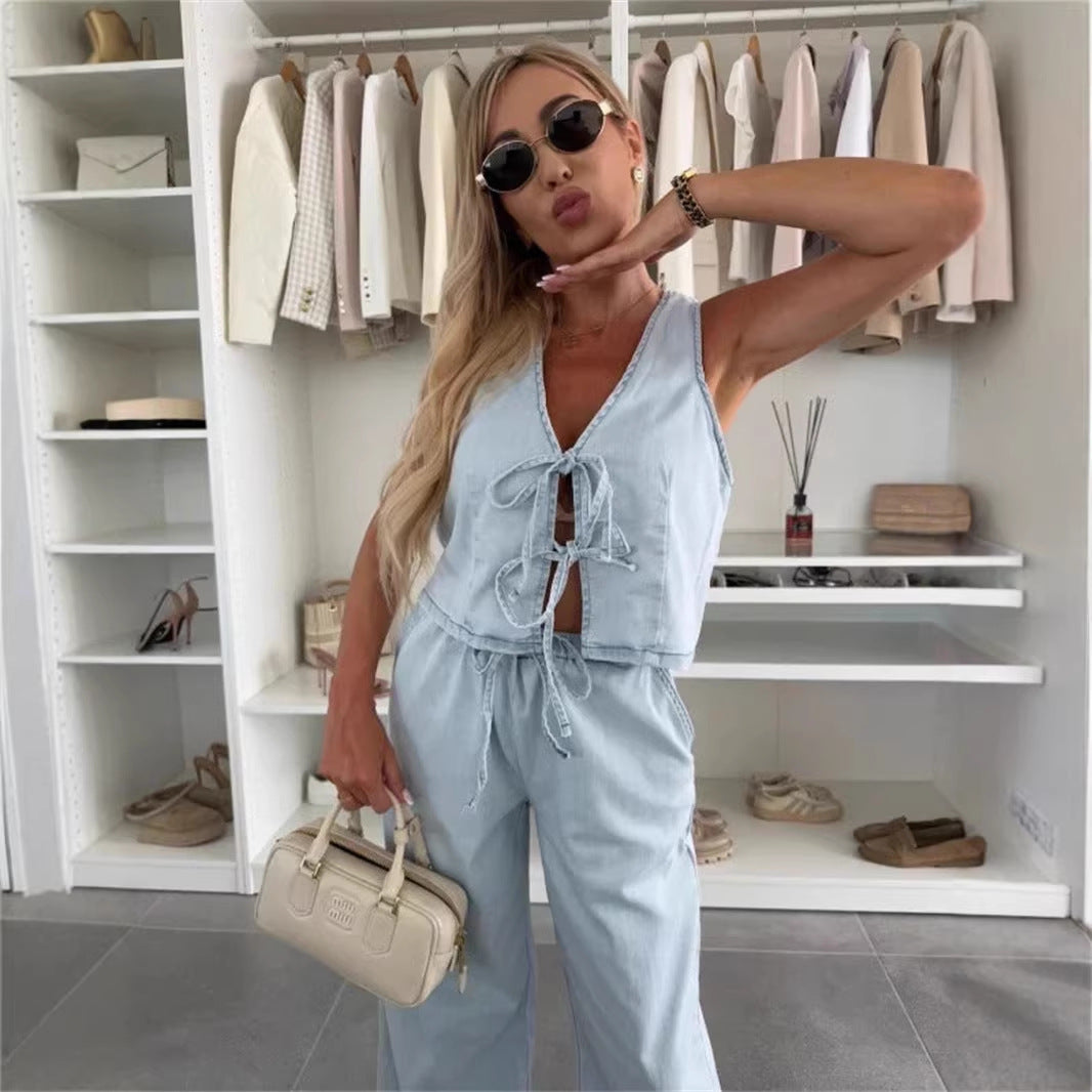 Lace-up Wide-leg Jeans Fashion Denim Set Womens