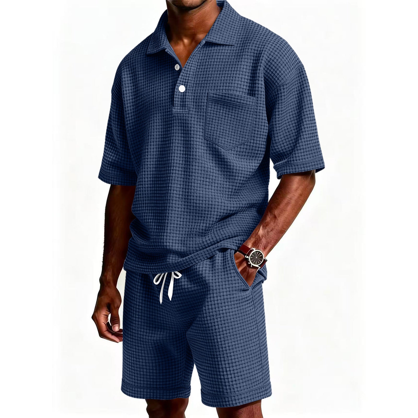 Men's Solid Color Lapel Short-Sleeve Shorts Set