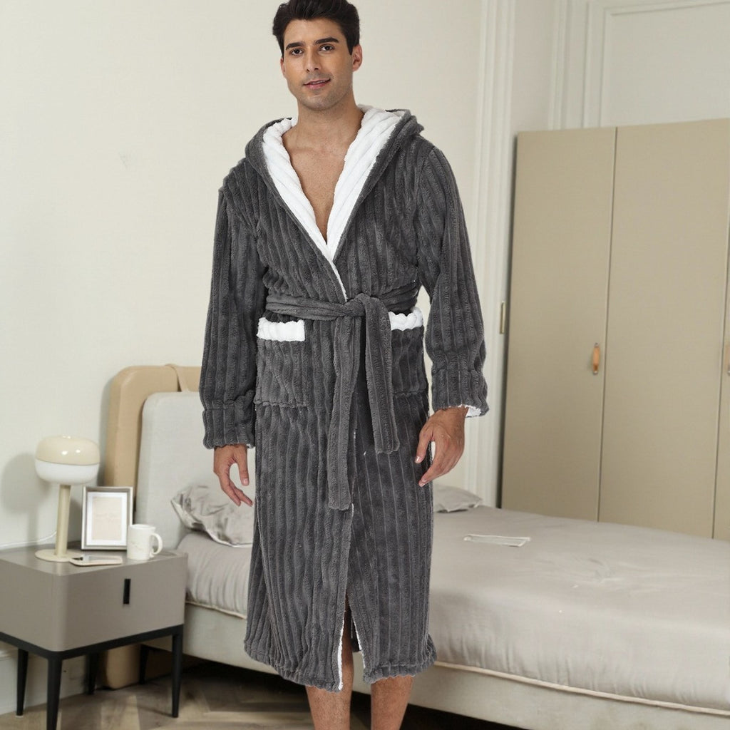 Bata de dormir gruesa de franela para hombre, bata larga con capucha y encaje