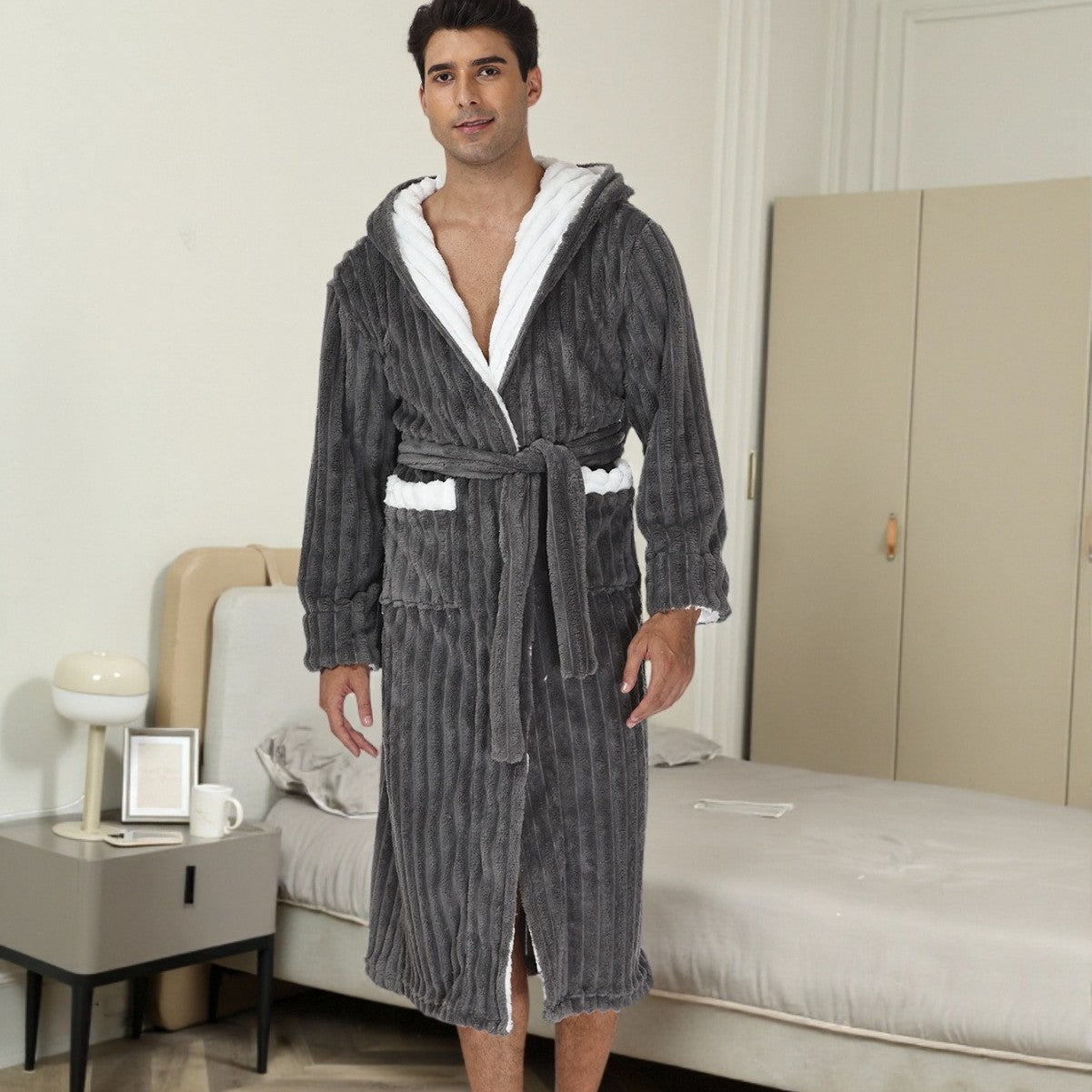 Bata de dormir gruesa de franela para hombre, bata larga con capucha y encaje